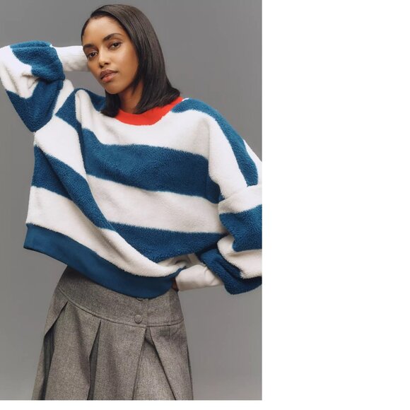 Anthropologie Maeve Cotton Sherpa Fleece Stripe Sweater SIZE M new nwt - Picture 1 of 4